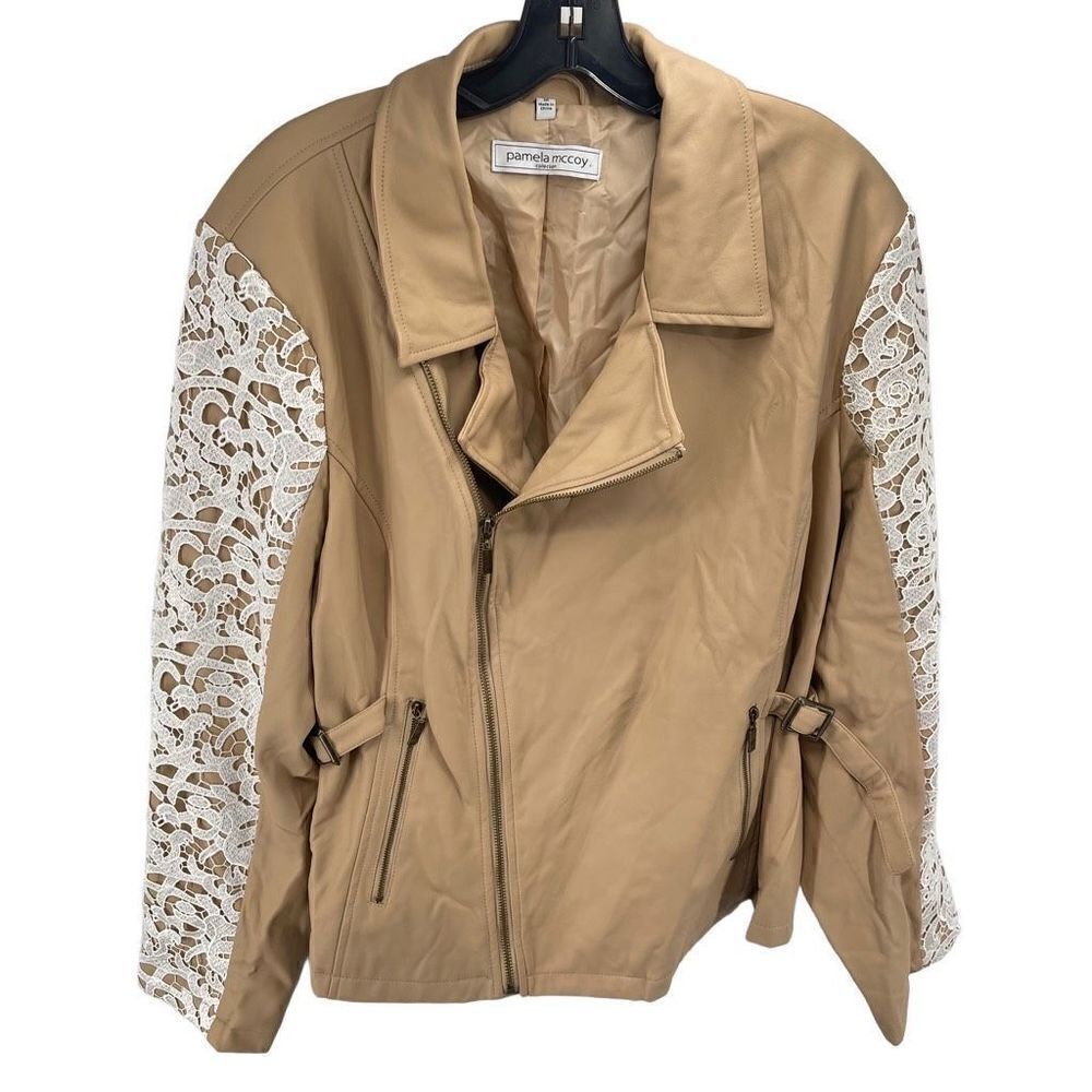 Pamela Mccoy Womens Full Zip Jacket Lace Overlay Adjustable Buckle Tan Lined 12
